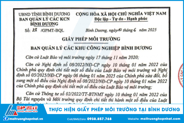 Thực hiện giấy phép môi trường tại Bình Dương