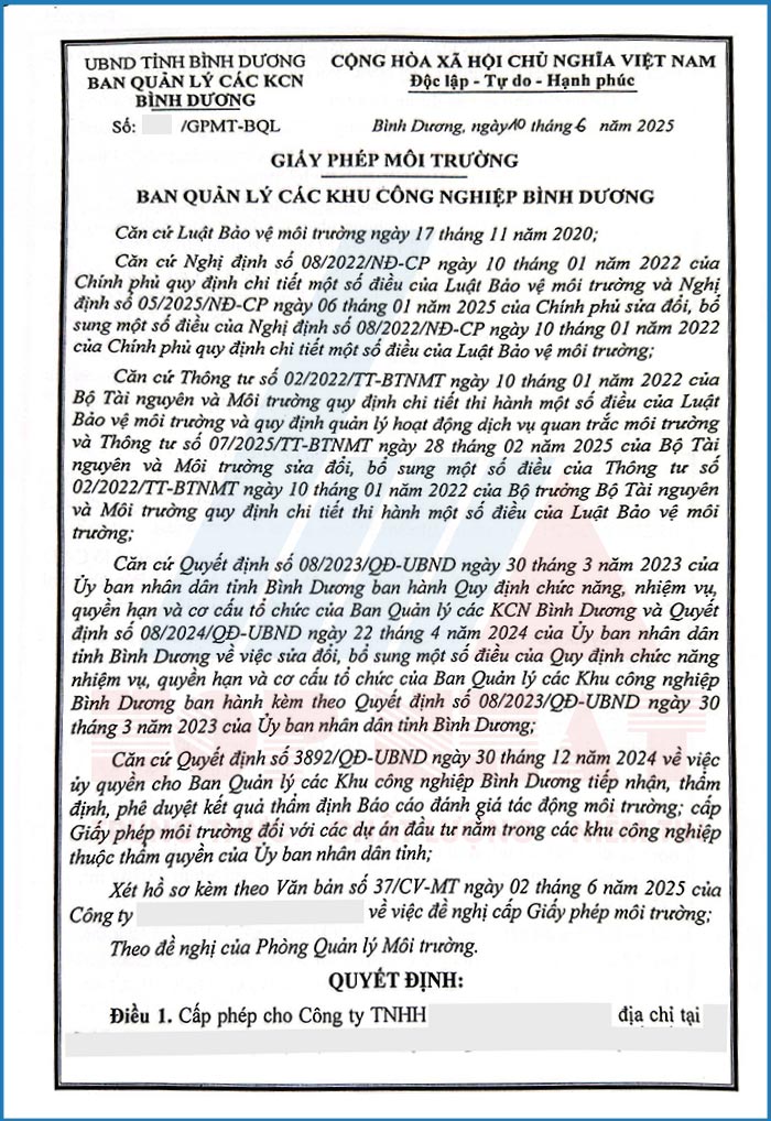 Tư vấn, thực hiện giấy phép môi trường tại Bình Dương