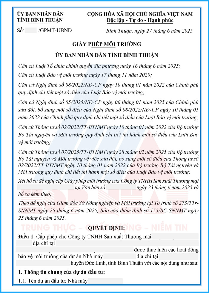 Giấy phép môi trường tại Bình Thuận