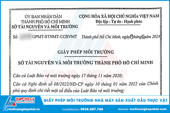 Giấy phép môi trường nhà máy sản xuất dầu thực vật