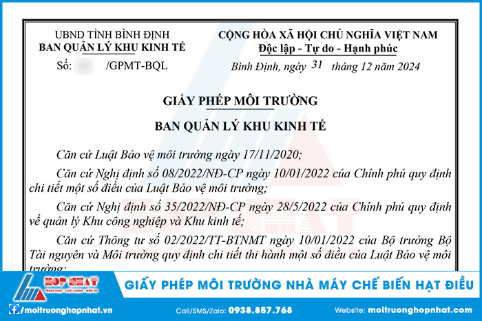 Giấy phép môi trường nhà máy chế biến hạt điều