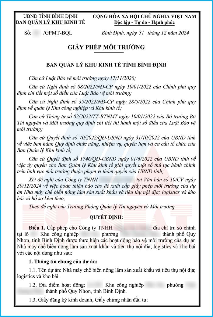 Giấy phép môi trường nhà máy chế biến nông lâm sản