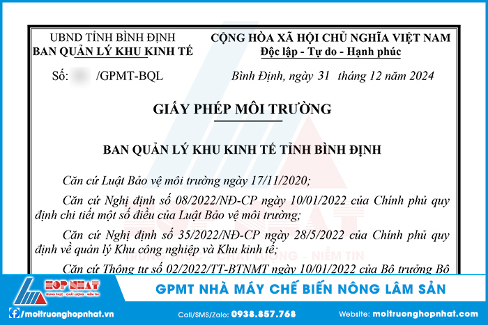 Giấy phép môi trường nhà máy chế biến nông lâm sản
