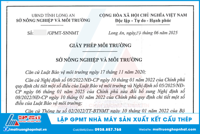 Giấy phép môi trường nhà máy sản xuất kết cấu thép tại Long An