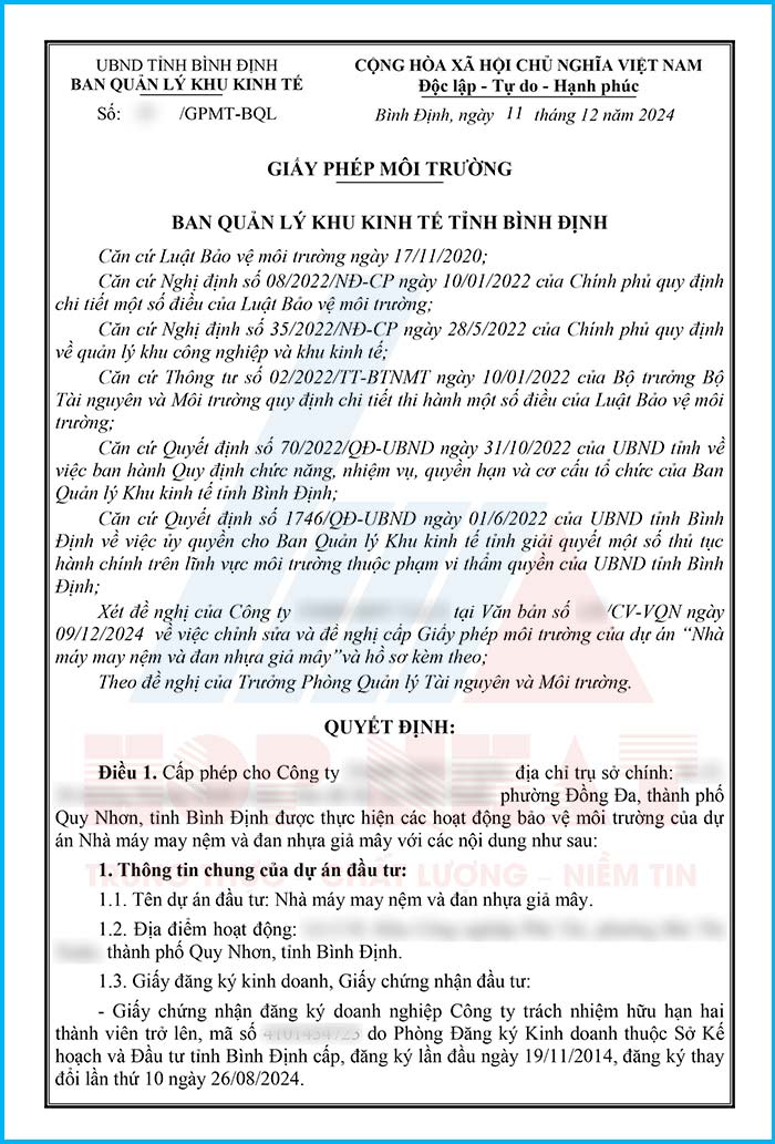 Giấy phép môi trường nhà máy sản xuất nệm
