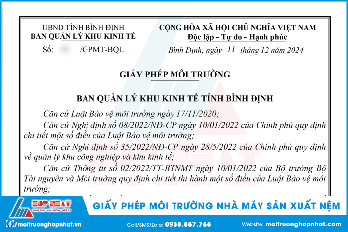 Giấy phép môi trường nhà máy sản xuất nệm