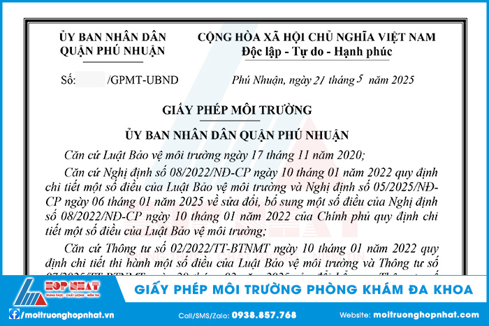 Giấy phép môi trường phòng khám đa khoa tại Phú Nhuận