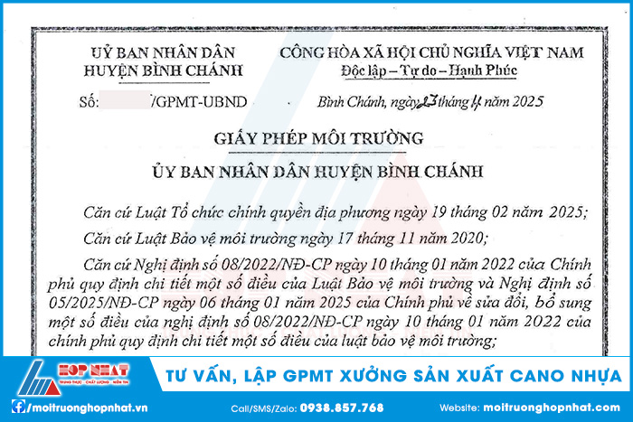 Giấy phép môi trường xưởng sản xuất cano nhựa