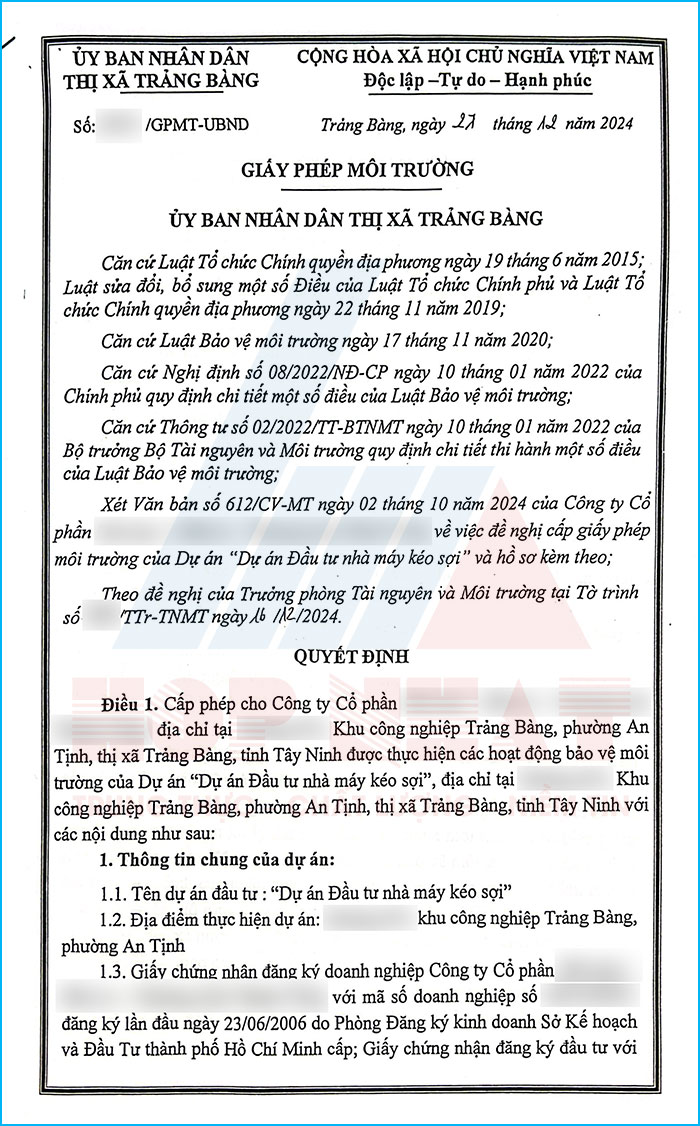 Giấy phép môi trường tại Tây Ninh