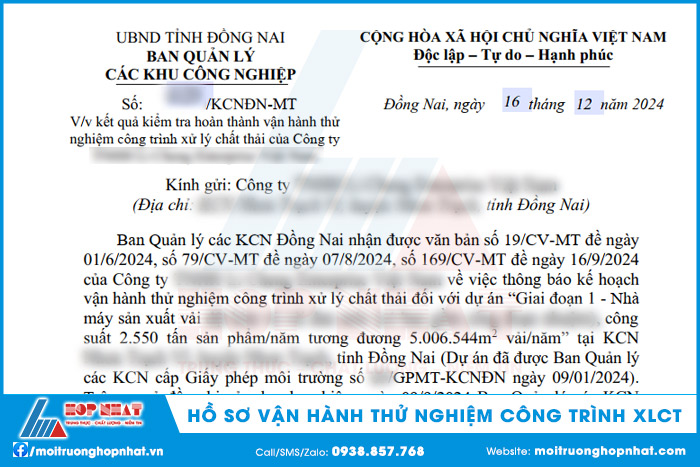 Hồ sơ vận hành thử nghiệm công trình xử lý chất thải tại Đồng Nai