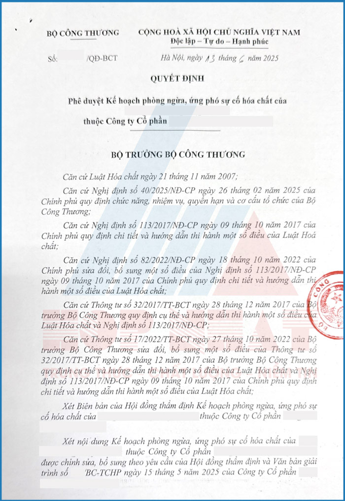 Kế hoạch phòng ngừa, ứng phó sự cố hóa chất
