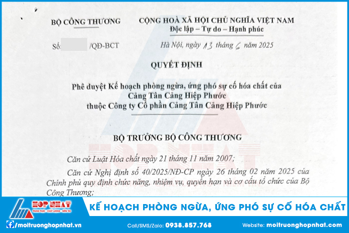 Kế hoạch phòng ngừa, ứng phó sự cố hóa chất