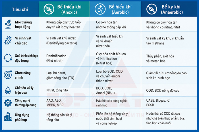 Bảng so sánh bể thiếu khí, bể thiếu khí và bể kỵ khí
