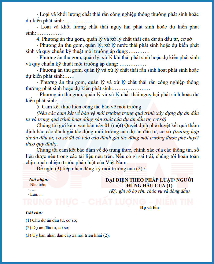 Mẫu đăng ký môi trường cấp xã