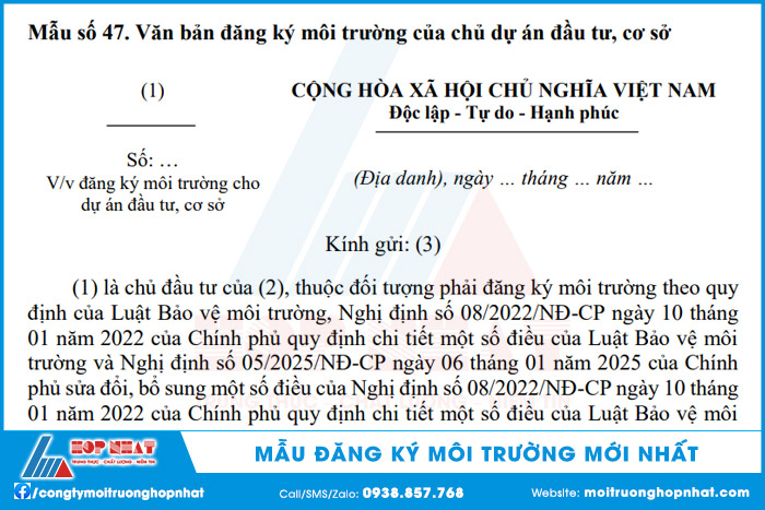 Mẫu đăng ký môi trường mới nhất - Mẫu số 47 Phụ lục II Thông tư 07/2025/TT-BTNMT