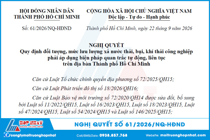 Nghị quyết số 61/2026/NQ-HĐND quy định về quan trắc tại TPHCM