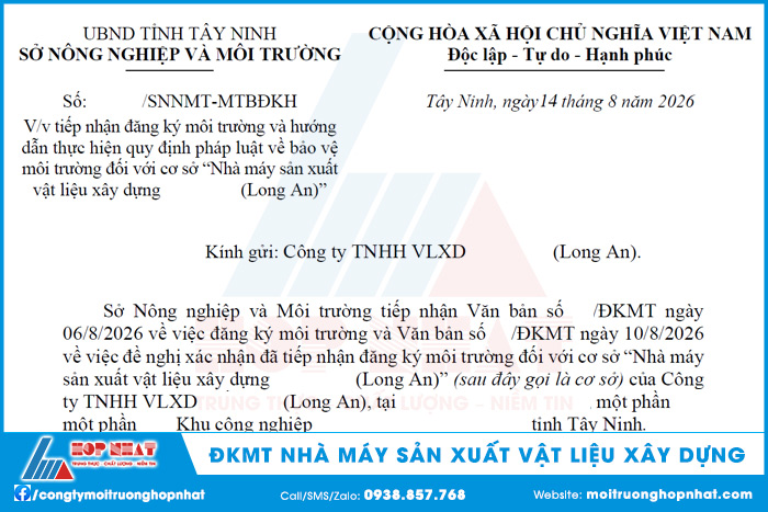Đăng ký môi trường nhà máy sản xuất vật liệu xây dựng